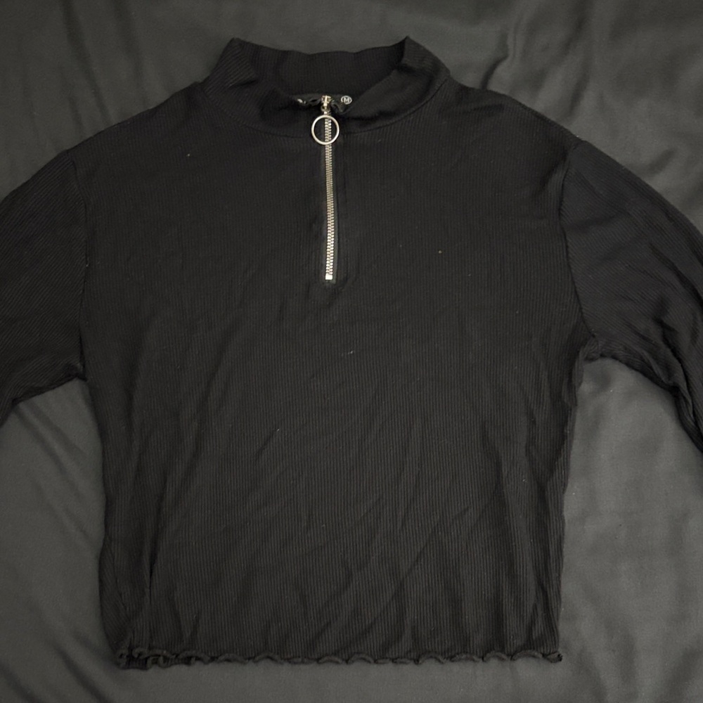 Women's Black Ribbed Zip Mock Neck Top